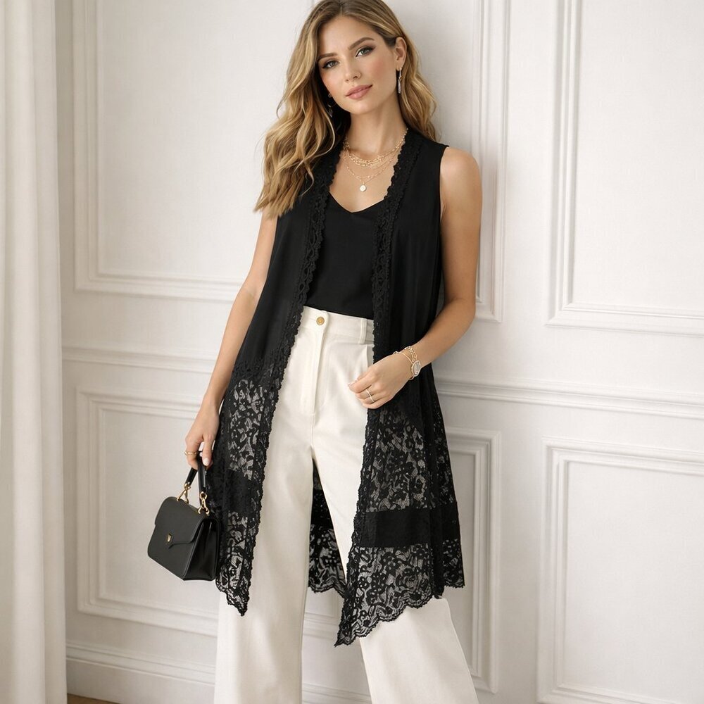 Anna Sui Black Cotton Lace Longline Vest Boho Romantic Sheer Layering Duster